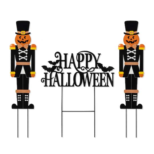 Glitzhome® 32"H Halloween Metal Nutcracker and HAPPY HALLOWEEN Yard Stake Set | 7" x 0.25" x 32" | Michaels®